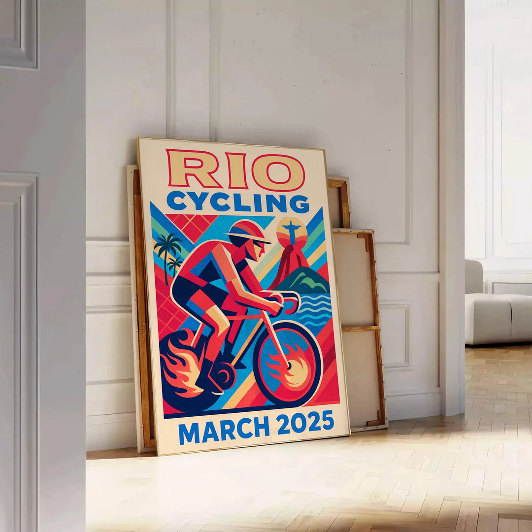 Vintage poster ποδηλασίας Rio με ζωντανά μπλε και κόκκινα χρώματα, διαθέσιμο σε μέγεθος 50x70 ή 30x40, ιδανικό για να προσθέσ