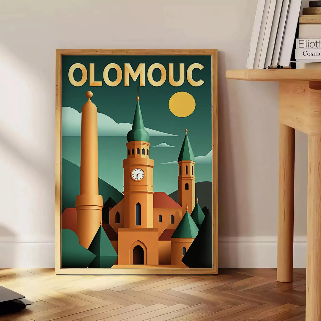 Manifesto vintage Art Déco di Olomouc, Repubblica Ceca, toni gialli e verdi