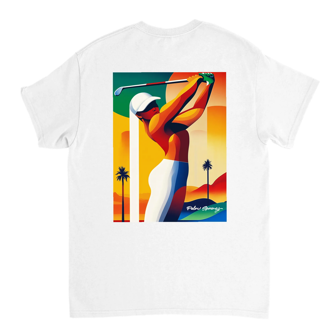 パームスプリングスゴルフTシャツは、明るいデザインが特徴で、ゴルフ場でも普段使いでも活躍する一枚です。サイズはSからXXLまで揃っています。