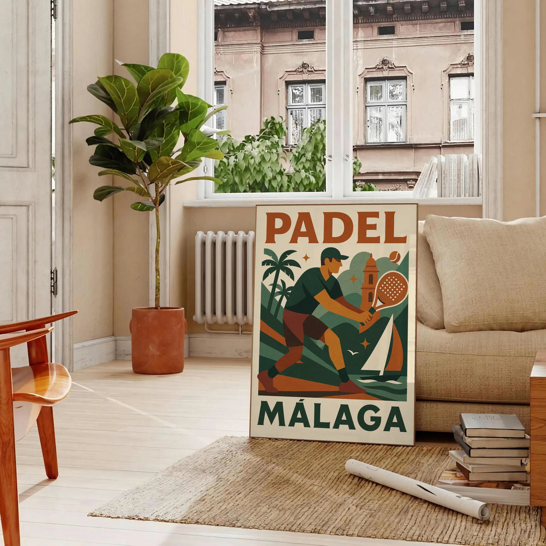 affiche exclusive Málaga Padel 8 fusion parfaite orange vibrant gris élégant incontournable passionnés format 50x70 cm une touche sportive déco disponibles A4 A0
