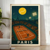 美しいグレーとグリーンのパレットで描かれた「パリ・テニス・バイ・ナイト」ポスター。50x70または30x40のサイズで、フレーム付きまたはフレームなしでご利用いただけます。