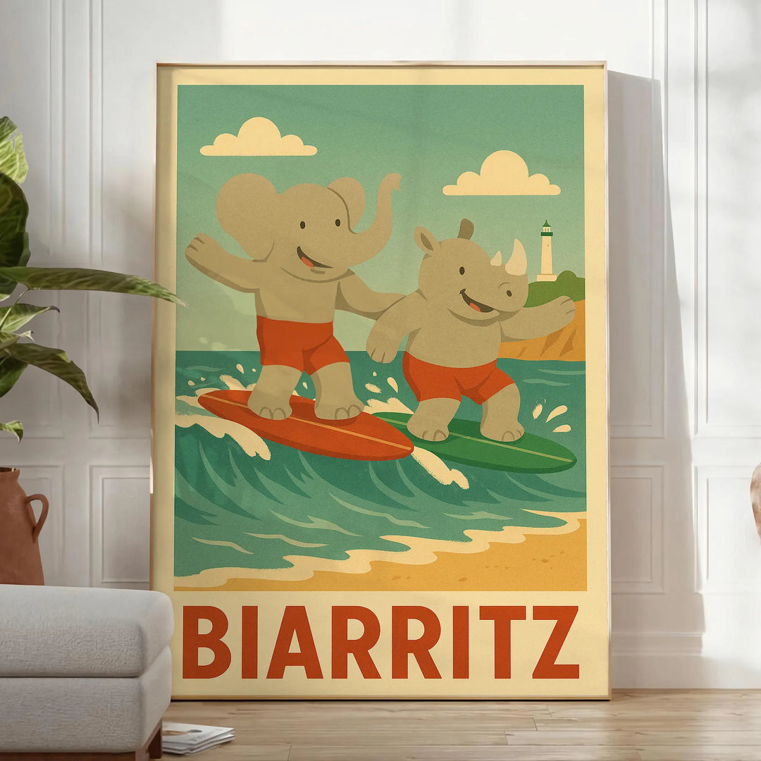 whimsical world Biarritz Kids Surf poster playful elephants rhinos gray green backdrop nurseries playrooms eye design adventure choice sizes A4 cm A0