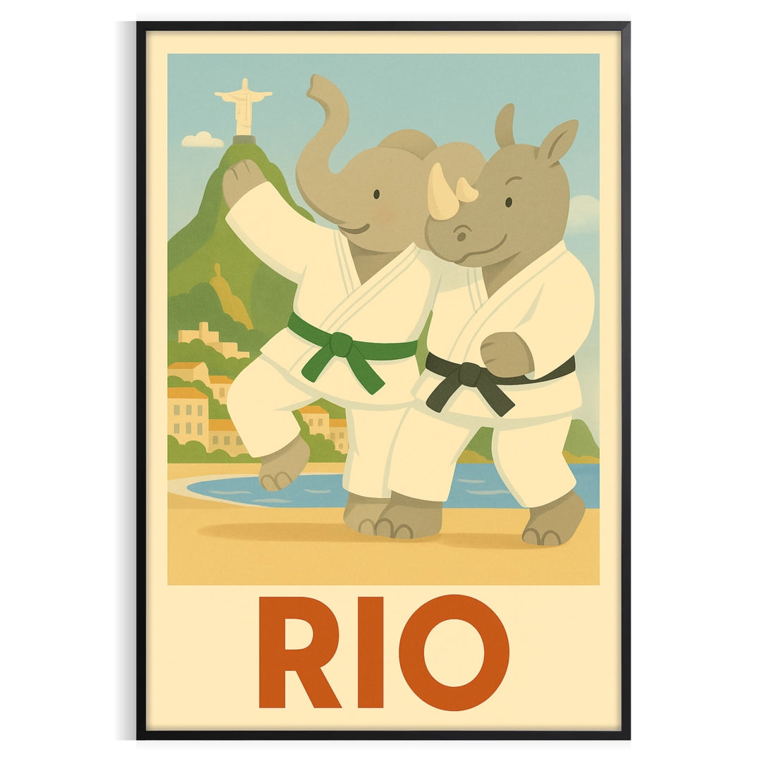 delightful kid elephant rhino judo poster vibrant spirit Rio de Janeiro playful interplay gray green eye design perfect child space unique today unframed options