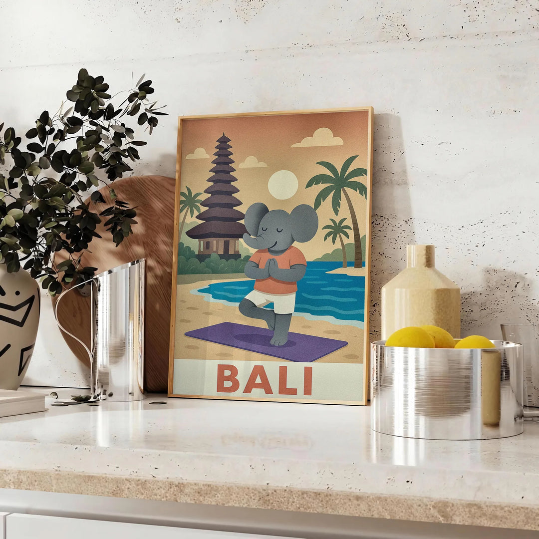 Πόστερ με ελέφαντα που κάνει γιόγκα, σχεδιασμένο σε ήρεμες μπλε και γκρι αποχρώσεις, ιδανικό για παιδικά δωμάτια ή χώρους γιό