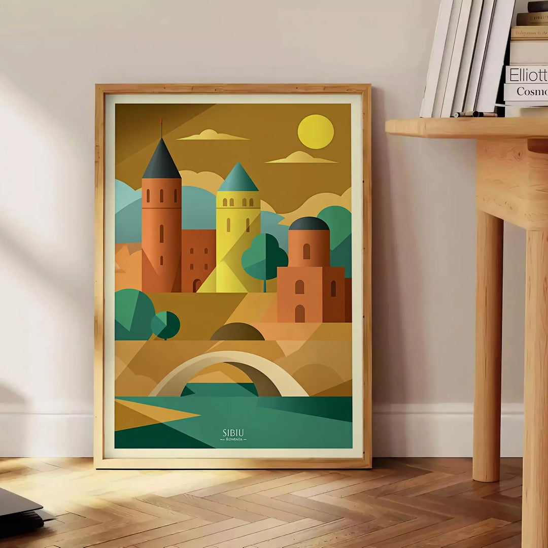 magnifique Affiche vintage Sibiu Roumanie art déco nuances chaudes orange marron murs œuvre originale mesure 50x70 30x40 occasion Acheter pièce unique intérieur disponible option