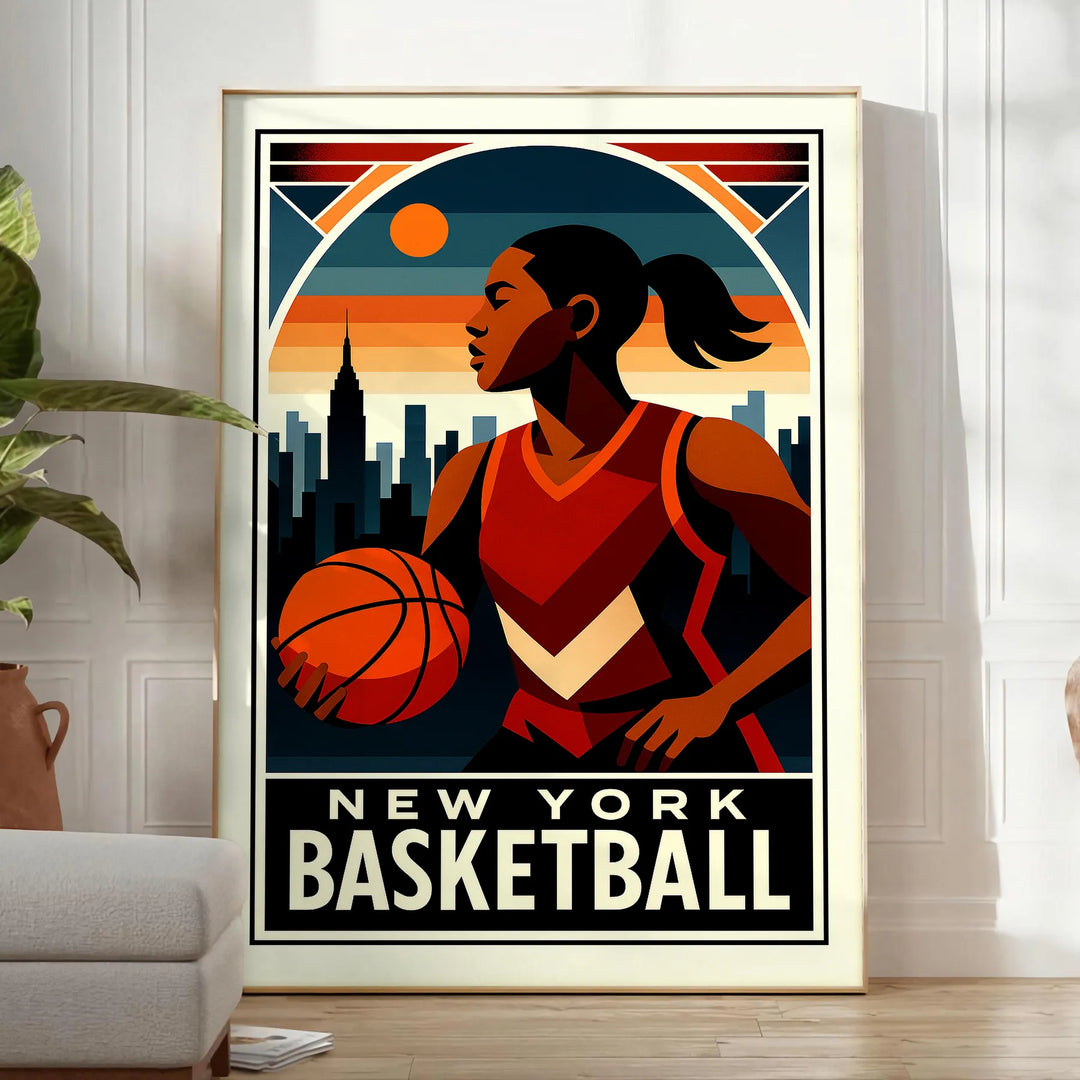 スタイリッシュなアールデコデザインのニューヨークバスケットボールポスター。ゲームの精神を捉えたヴィンテージプリントで、バスケットボールの壁アートやギフトに最適です。