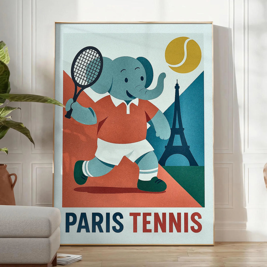 Πόστερ με ελέφαντα που παίζει τένις στην Παρίσι, σε ζωντανά πορτοκαλί και μπλε χρώματα, ιδανικό για τη διακόσμηση του παιδικο