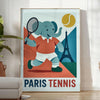 Πόστερ με ελέφαντα που παίζει τένις στην Παρίσι, σε ζωντανά πορτοκαλί και μπλε χρώματα, ιδανικό για τη διακόσμηση του παιδικο