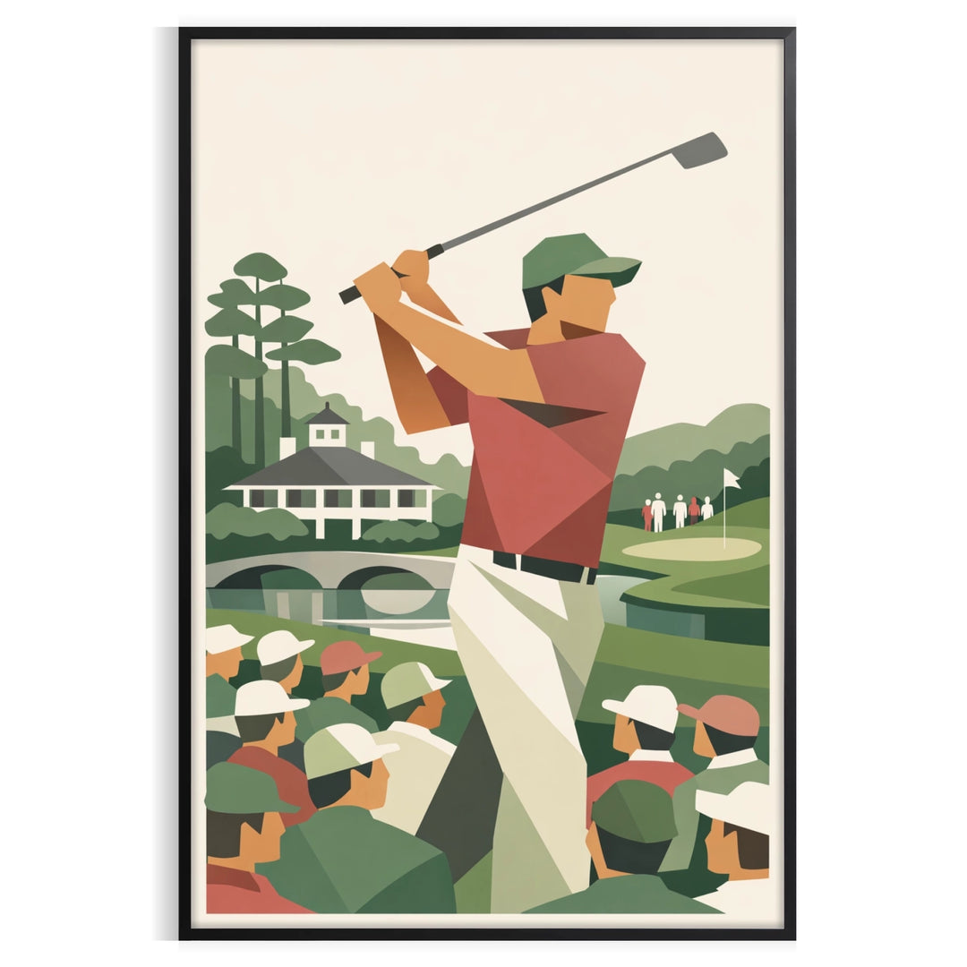 Affiche de style vintage représentant une scène de golf à Augusta, États-Unis, avec des tons bruns et verts riches