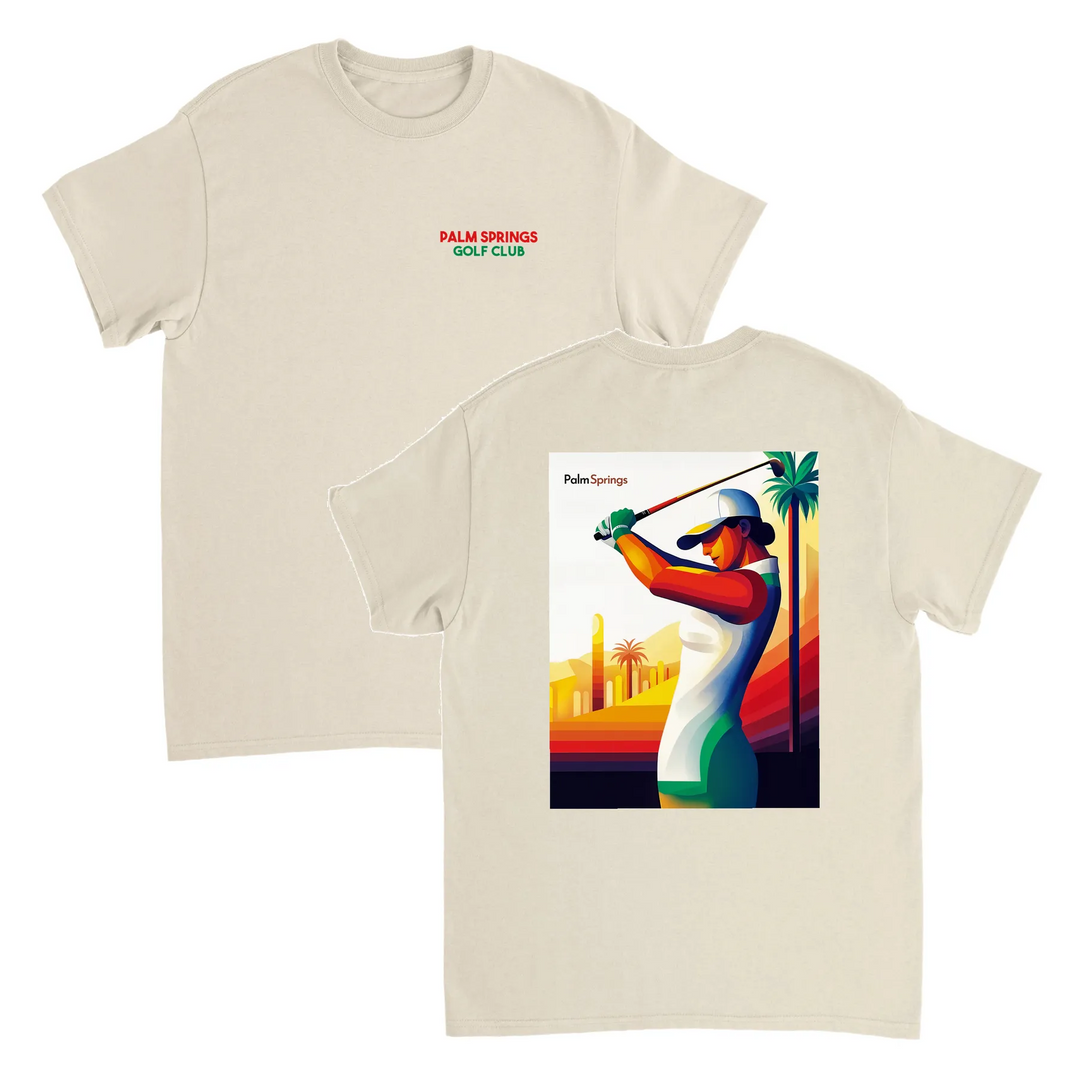 ゴルフパームスプリングスTシャツは、快適さとスタイルを兼ね備えたデザインです。パームスプリングスの陽気な雰囲気を楽しむゴルフ愛好者に最適です。