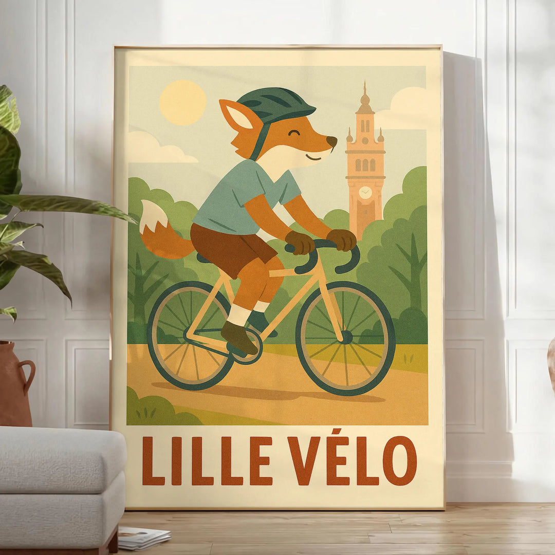Affiche captivante Kid Fox Lille Cycling une explosion couleurs vertes oranges idéale passionnés cyclisme œuvre format 50x70 30x40 espace ambiance dynamique fun version