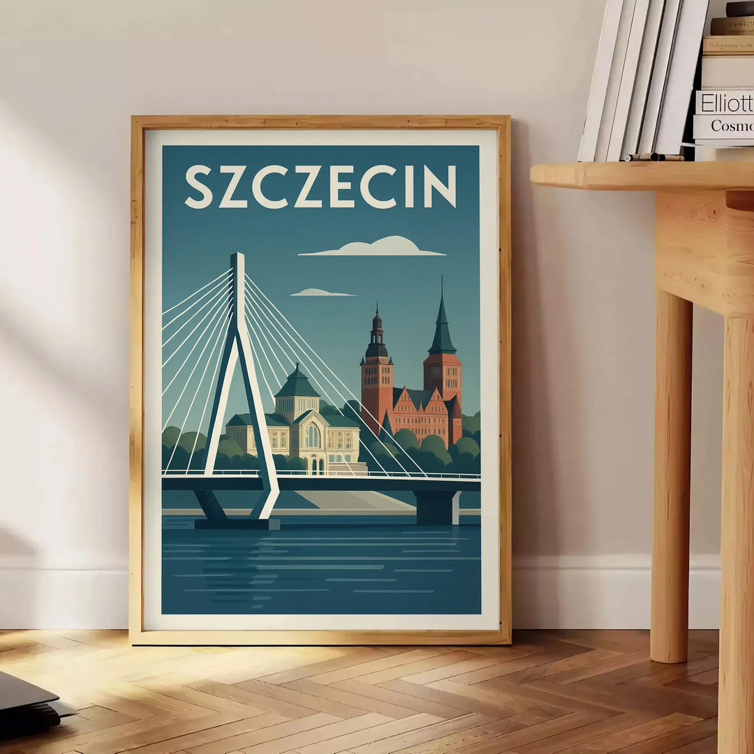 Poster of Szczecin city skyline artwork in orange and green tones