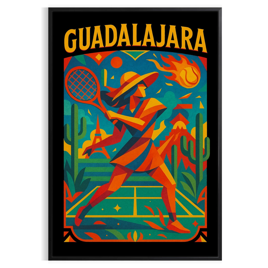 charm Guadalajara Vintage Cartoon Tennis Poster vibrant blue striking black hues art lover sports enthusiast eye piece unique touch space stunning today