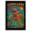 Plakat w stylu vintage przedstawiający tenis w Guadalajarze, w żywych niebieskich i czarnych kolorach, idealny dla miłośników