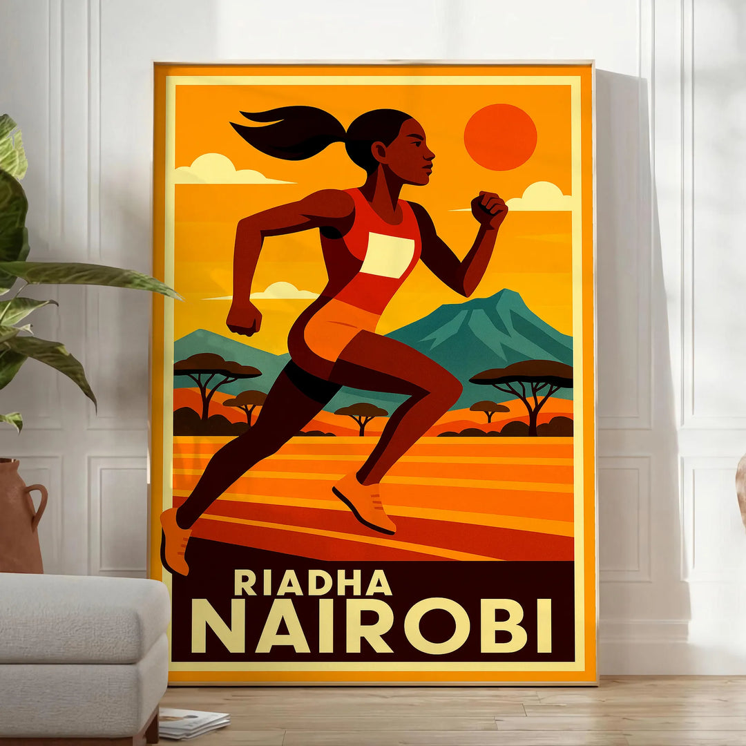 Affiche captivante thématique Nairobi Riadh Athletics couleurs rouge noir audacieuses une touche dynamique espace  excellent dimensions cm passion sport disponibles A4 A0