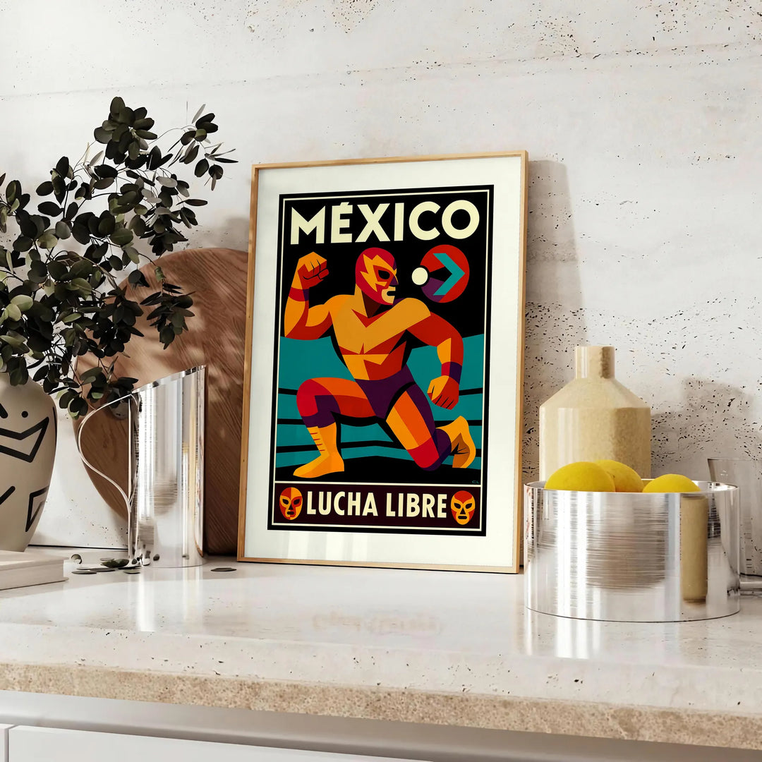 Affiche vibrante thème lucha libre mexicaine couleurs rouge orange saisissantes une touche dynamique espace œuvre incontournable passionnés sport culture A4 cm A0