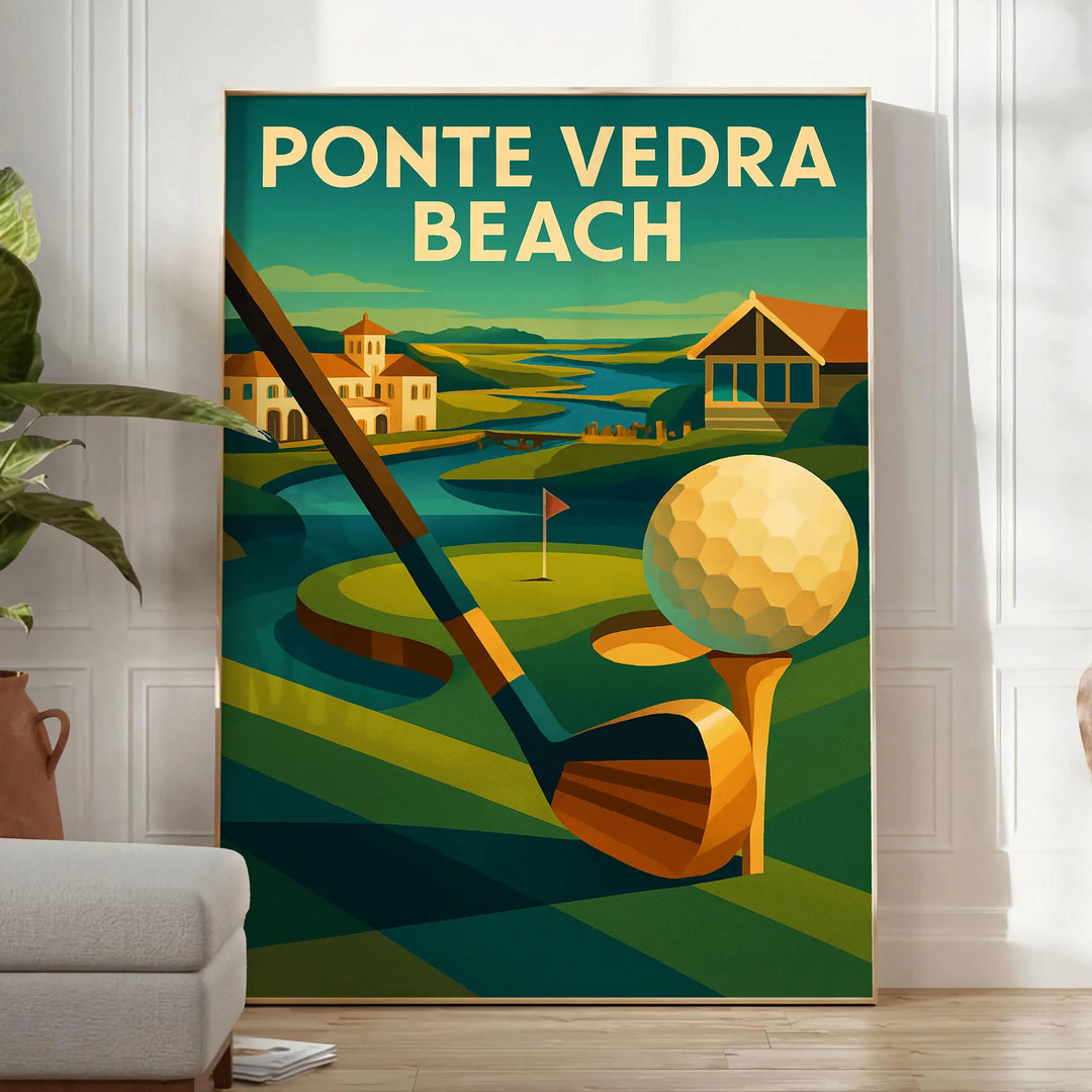 stunning Ponte Vedra Beach Golf Poster Art vibrant yellow green hues spirit vintage wall piece best gift golfers dads men yours today space timeless decor unframed formats