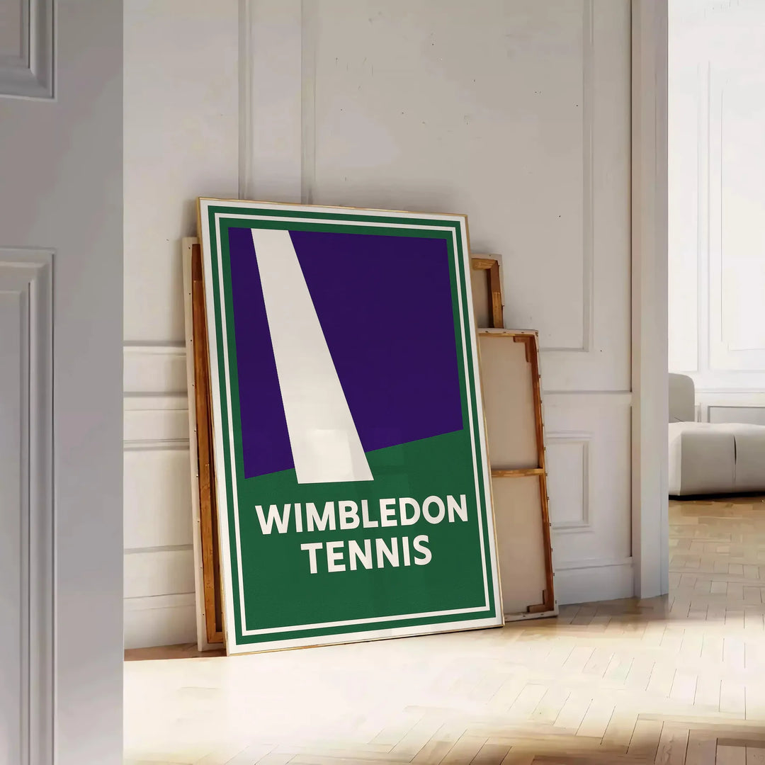 ウィンブルドンテニスのミニマルポスター。グレーとグリーンの洗練されたデザインで、スポーツ愛好者にぴったりのエレガントなアートワーク。