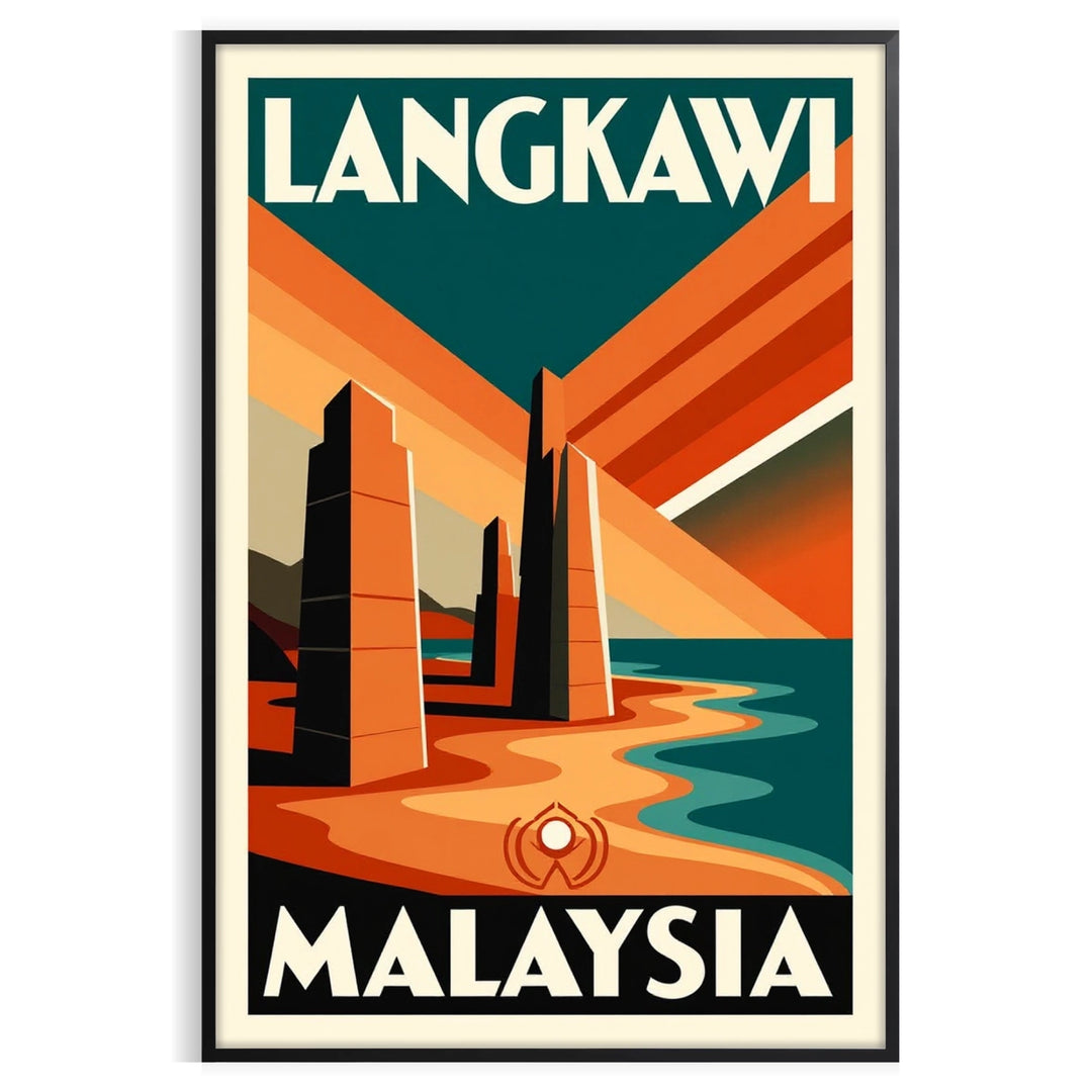 Art Deco poster featuring Langkawi, Malaysia with orange and green tones