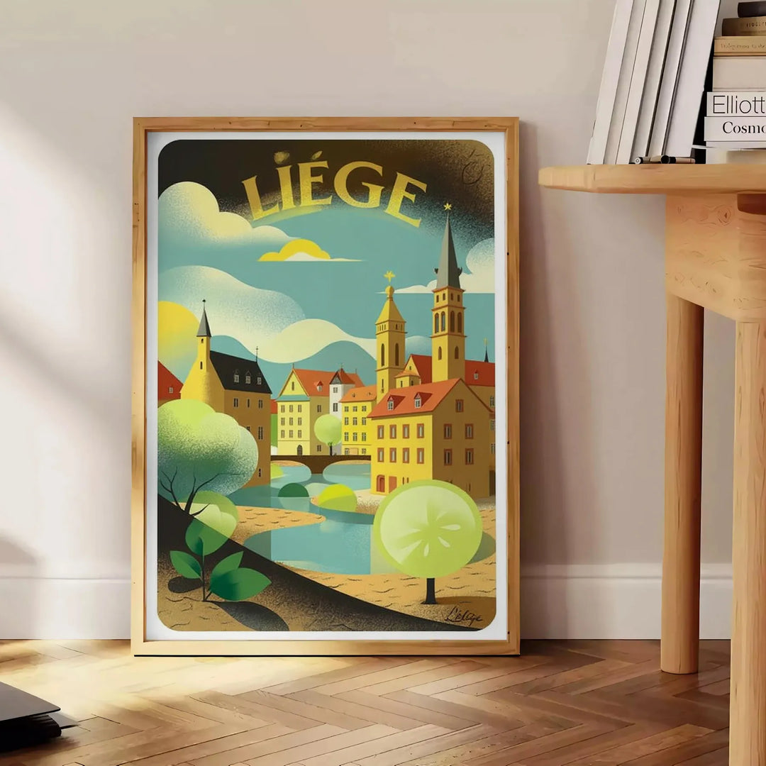Póster vintage Art Déco de Lieja, Bélgica, paisaje urbano estilizado verde y blanco