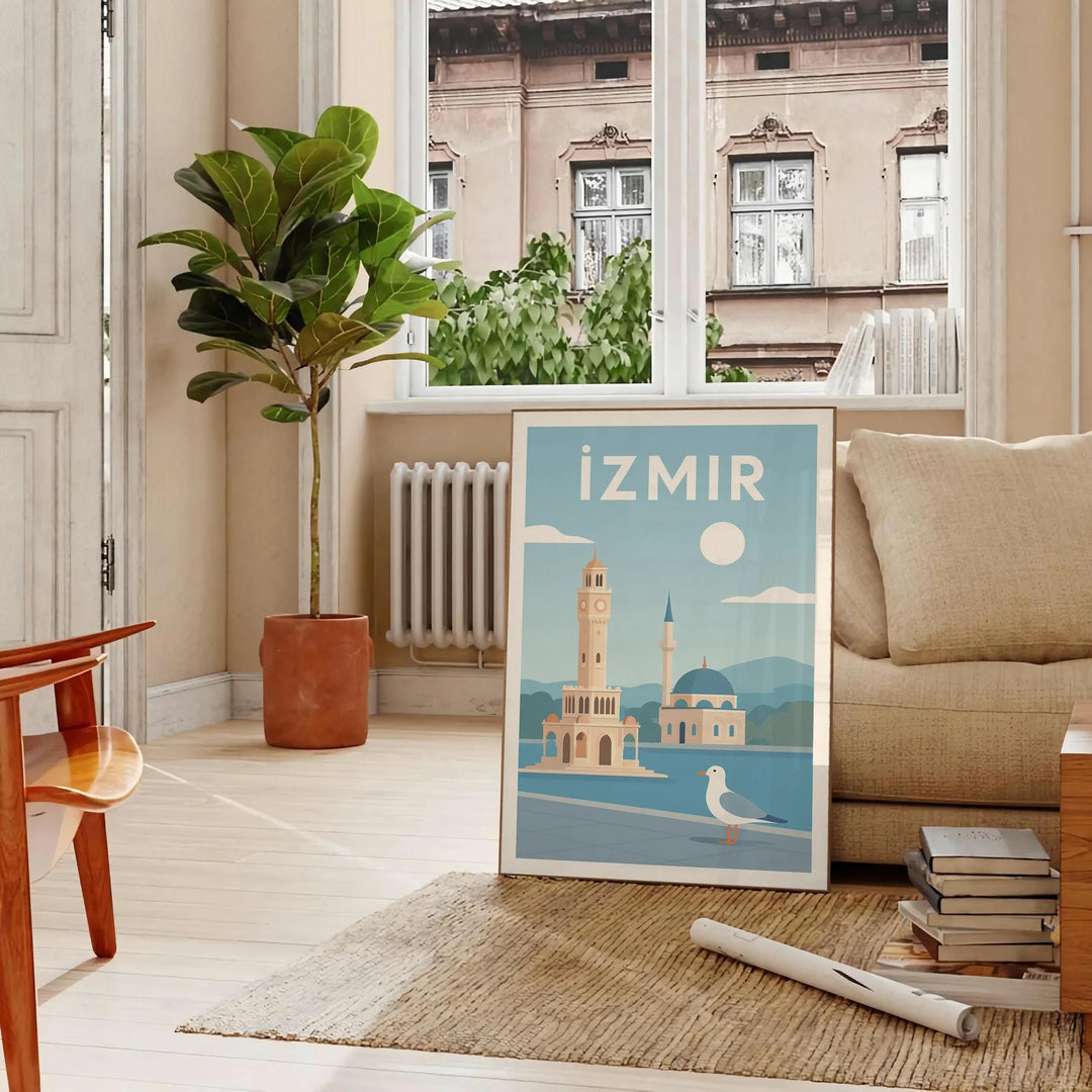 Stylized Izmir, Turkey cityscape poster in gray and blue tones