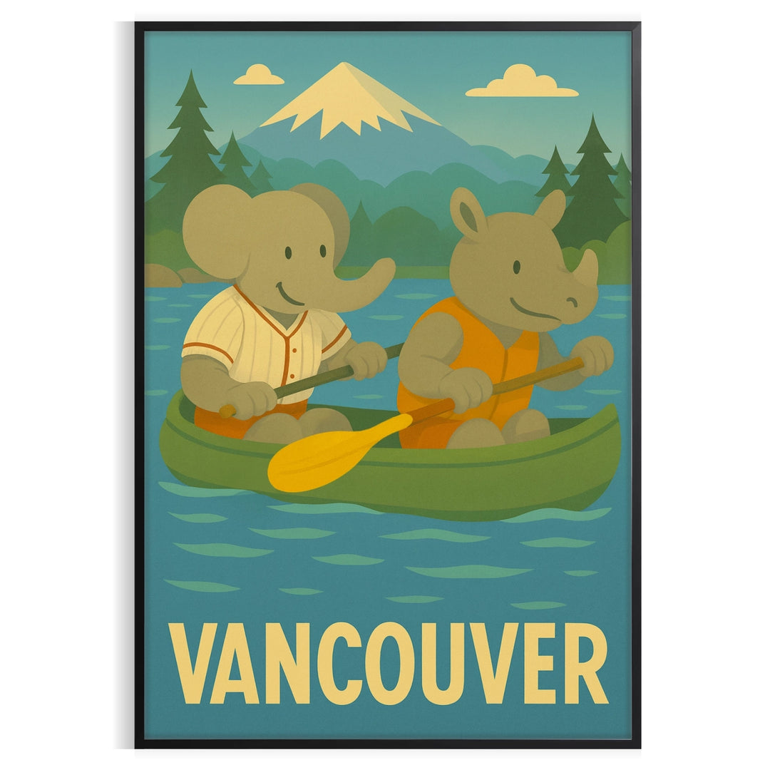 whimsical charm kid elephant rhinoceros boat poster gray green tones child room delightful artwork imagination enchanting sizes A4 cm A0 space