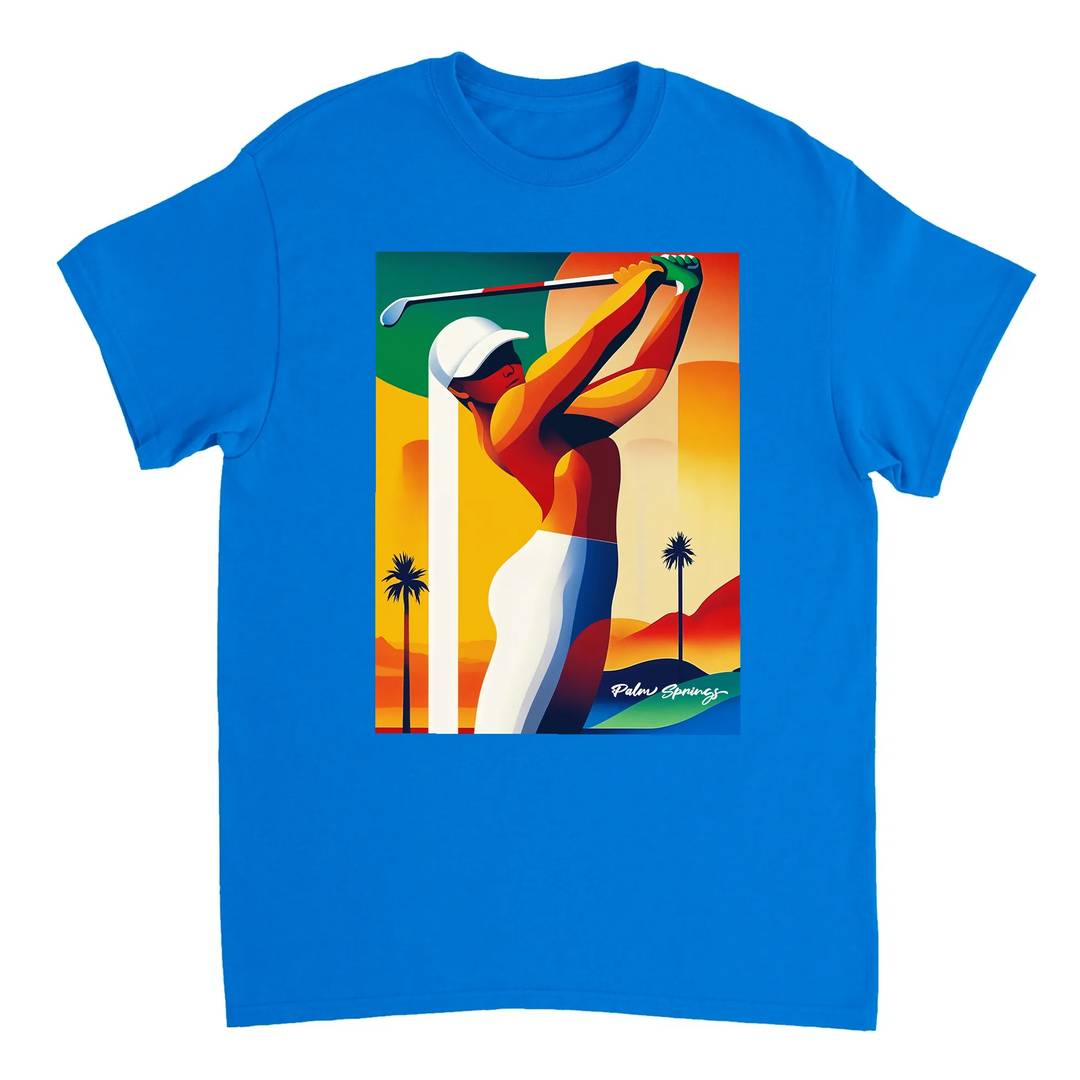 パームスプリングスのゴルフをイメージしたスタイリッシュなTシャツ。快適な着心地と耐久性のあるプレミアムコットンを使用。