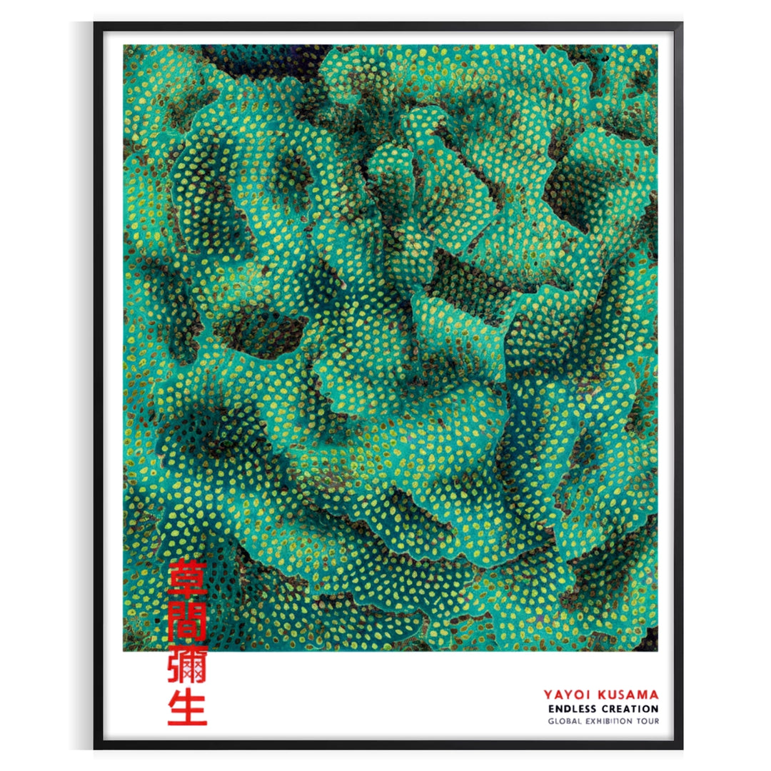 stunning Yayoi Kusama poster captivating flow brown green hues art enthusiasts modern decor lovers touch Japanese elegance space dimensions A4 cm A0 wall today