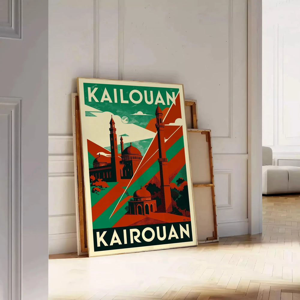 enchanting beauty Kairouan Tunisia vintage travel art deco poster vibrant red green hues stunning piece essence timeless destination flair space today available A4 cm A0