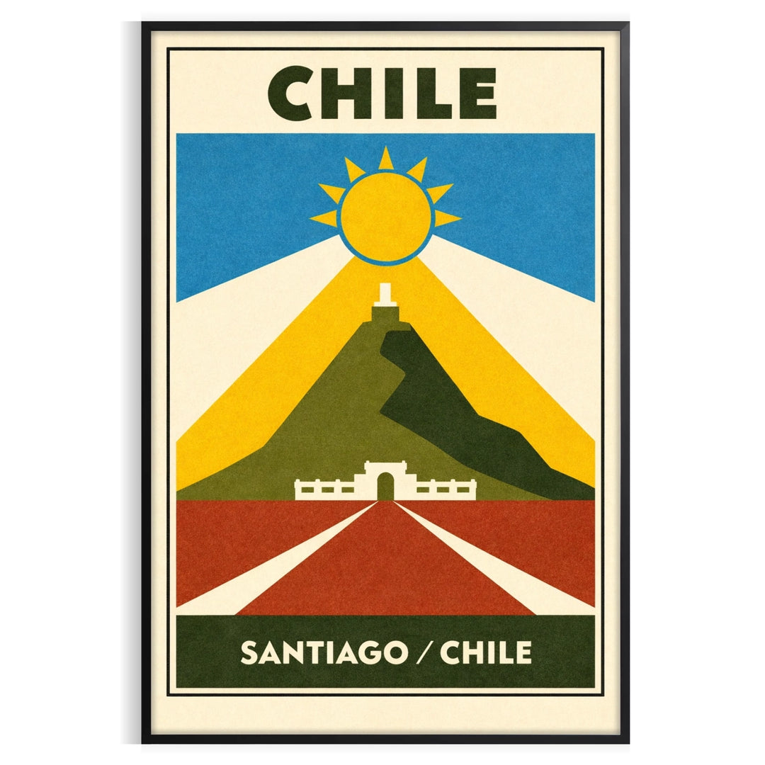 charm Santiago Chile stunning vintage travel poster elegant Art Deco style vibrant orange blue hues perfect space sizes enthusiasts today unframed options available