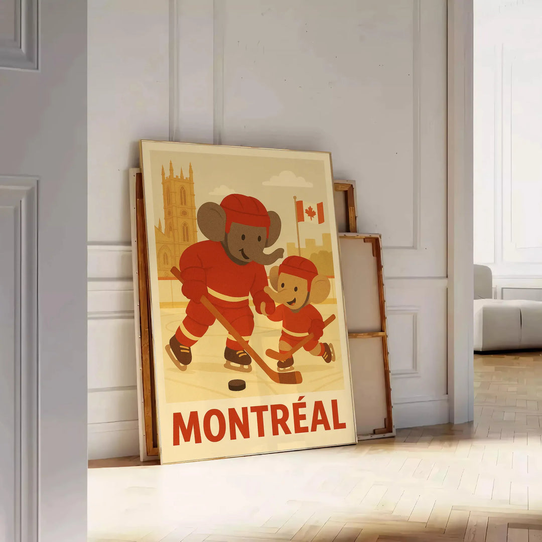 joy hockey space vibrant kid elephant poster Montréal delightful design bold red green eye measures young fans room today available
