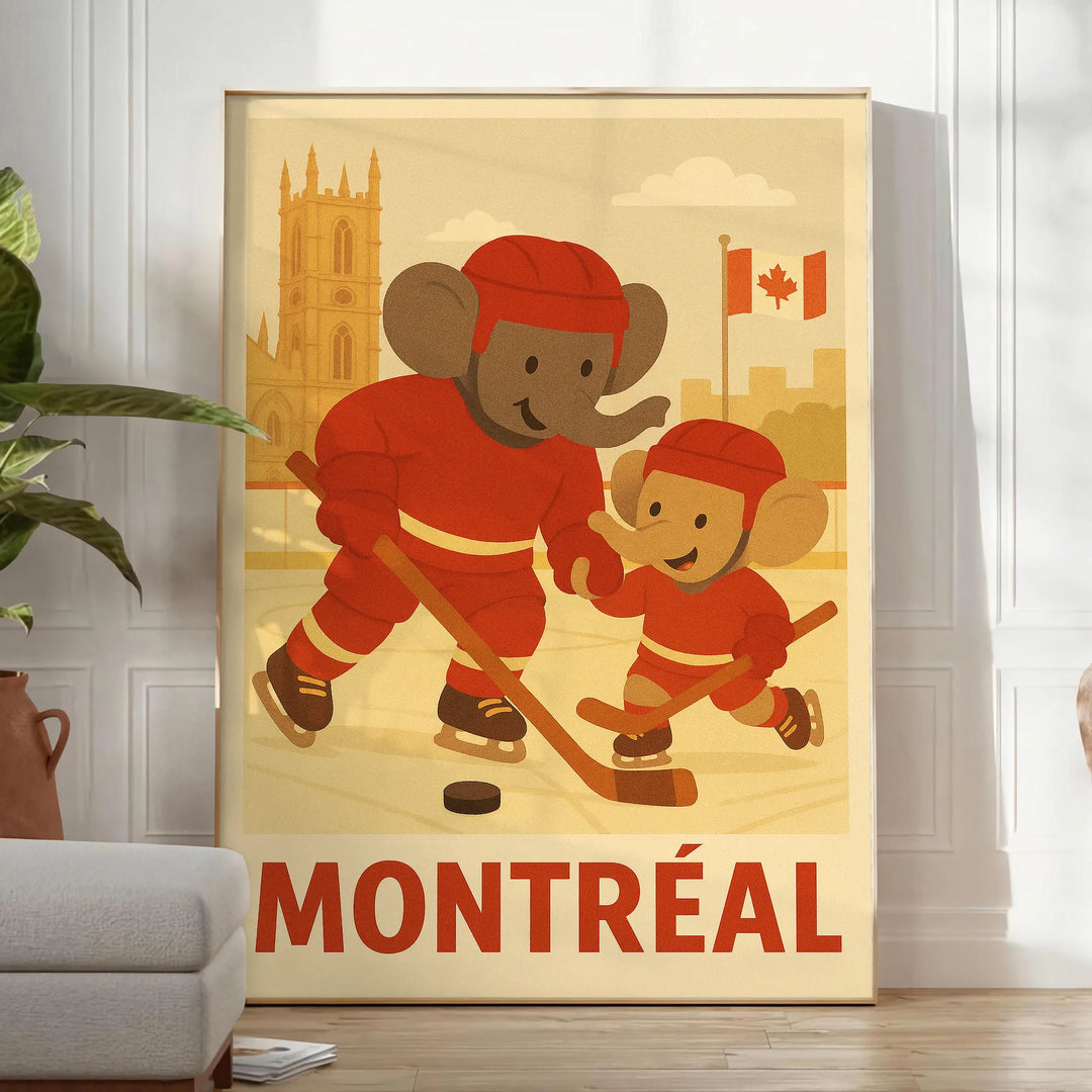 joy hockey space vibrant kid elephant poster Montréal delightful design bold red green eye measures young fans room today available