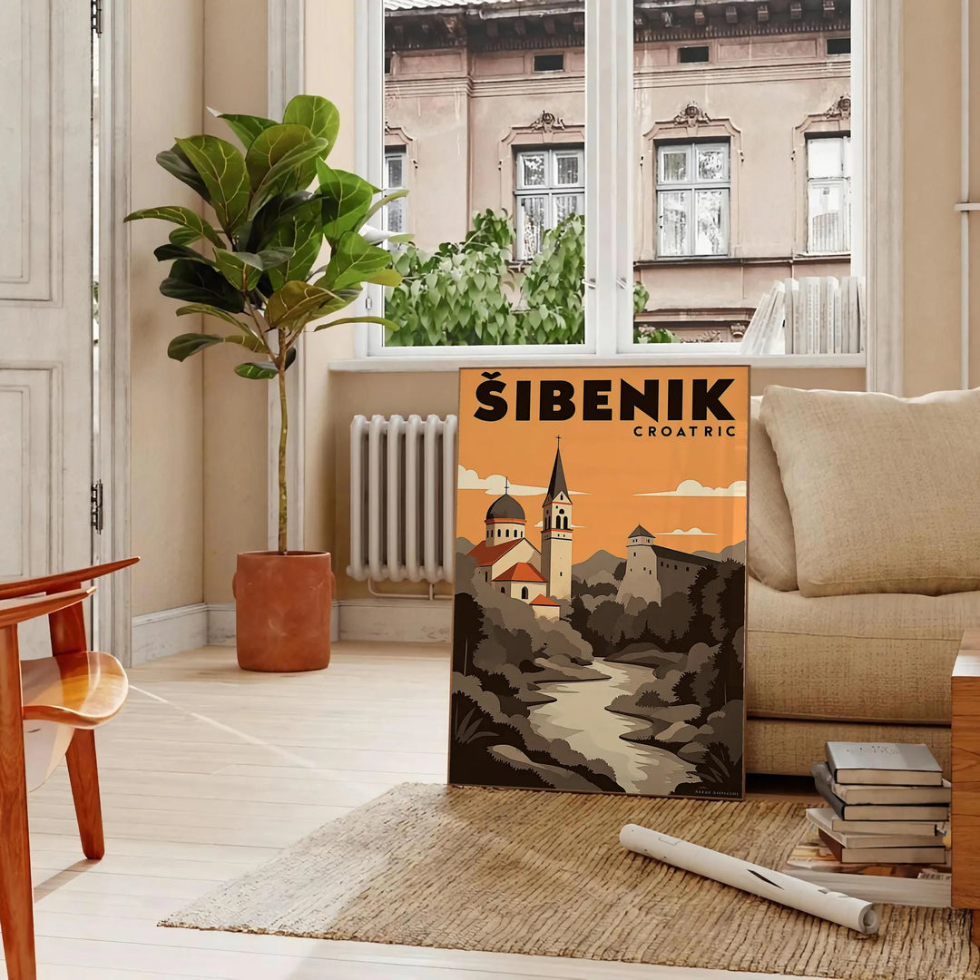 Šibenik, Croatia Art Déco poster showing brown and black cityscape