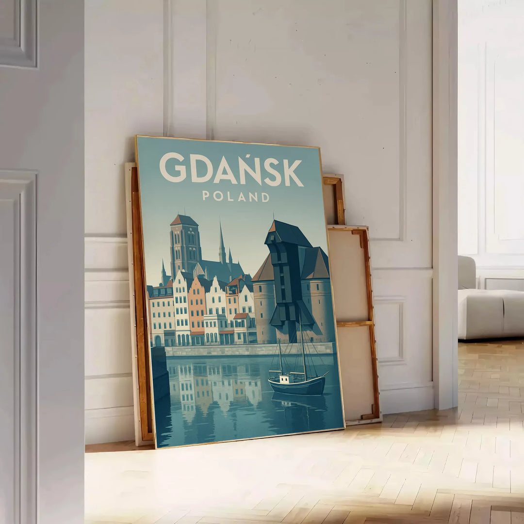 Green and gray Gdańsk Poland skyline poster in minimalist graphic style