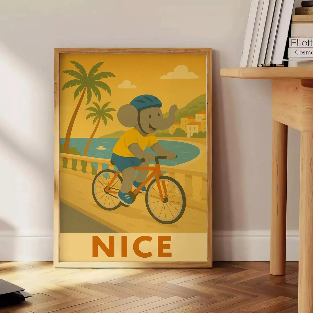 whimsical charm Kid Elephant Cycling poster playful gray vibrant green hues kids rooms nurseries delightful design measures touch joy space