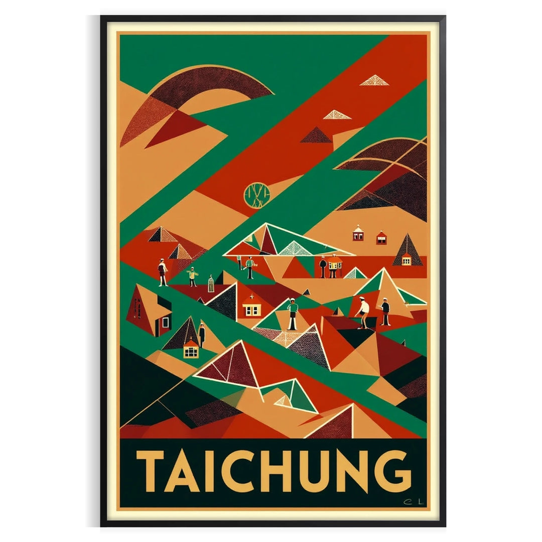 charm Taichung Taiwan vintage travel art deco poster vibrant red green hues sized stunning artwork space touch nostalgia home available