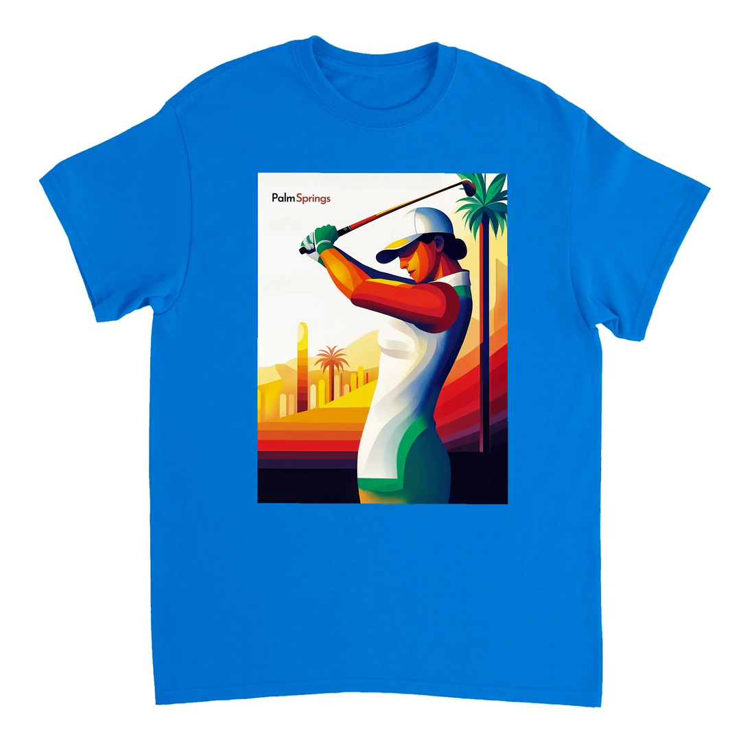 ゴルフパームスプリングスTシャツ。快適なコットン素材で、パームスプリングスの活気ある雰囲気を表現。ゴルフ愛好者や日差しを楽しむ人に最適な一枚です。