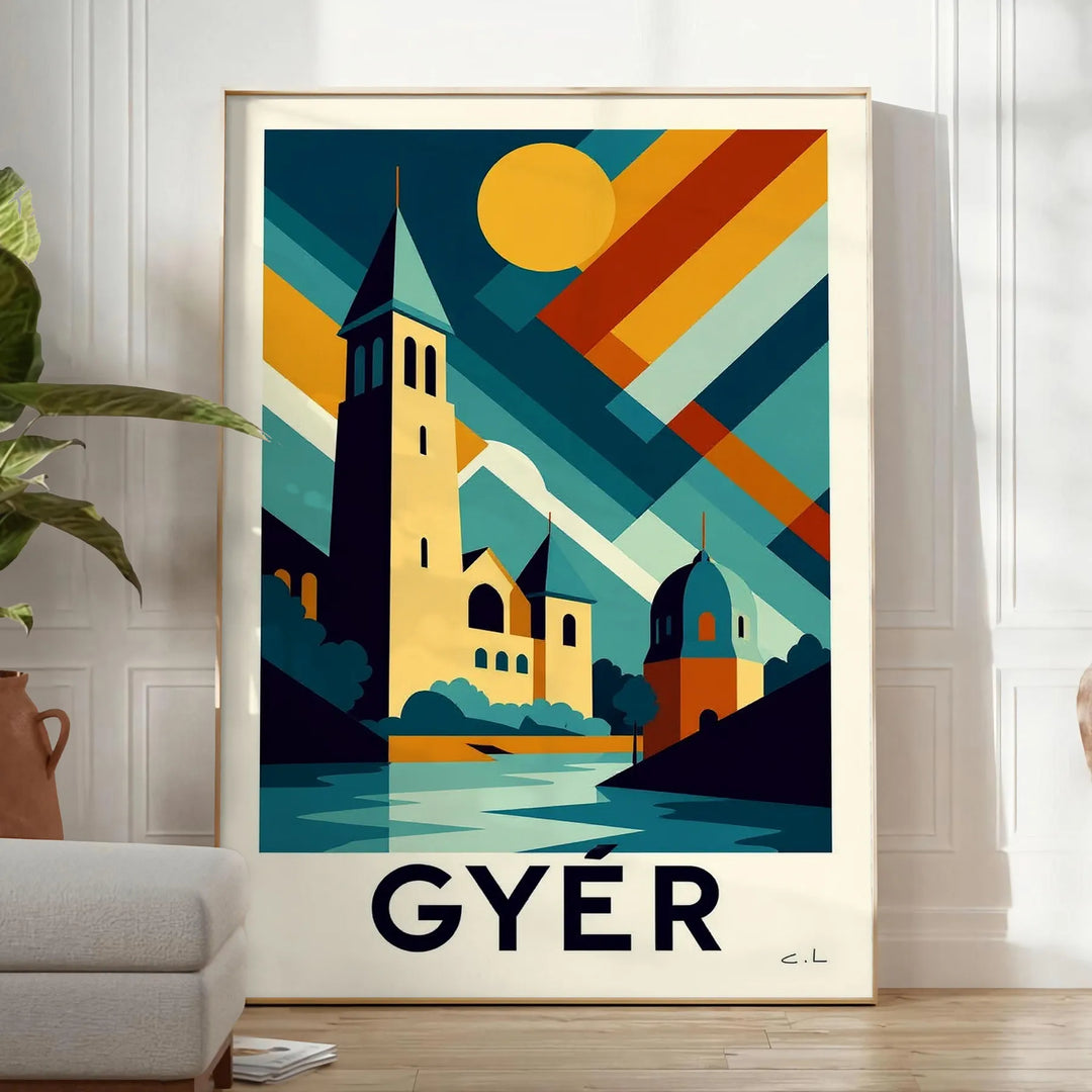 Vintage ceļojumu plakāts par Győr, Ungārija, ar pievilcīgu Art Deco dizainu oranžā un zilā krāsā. Ideāli piemērots ceļojumu e