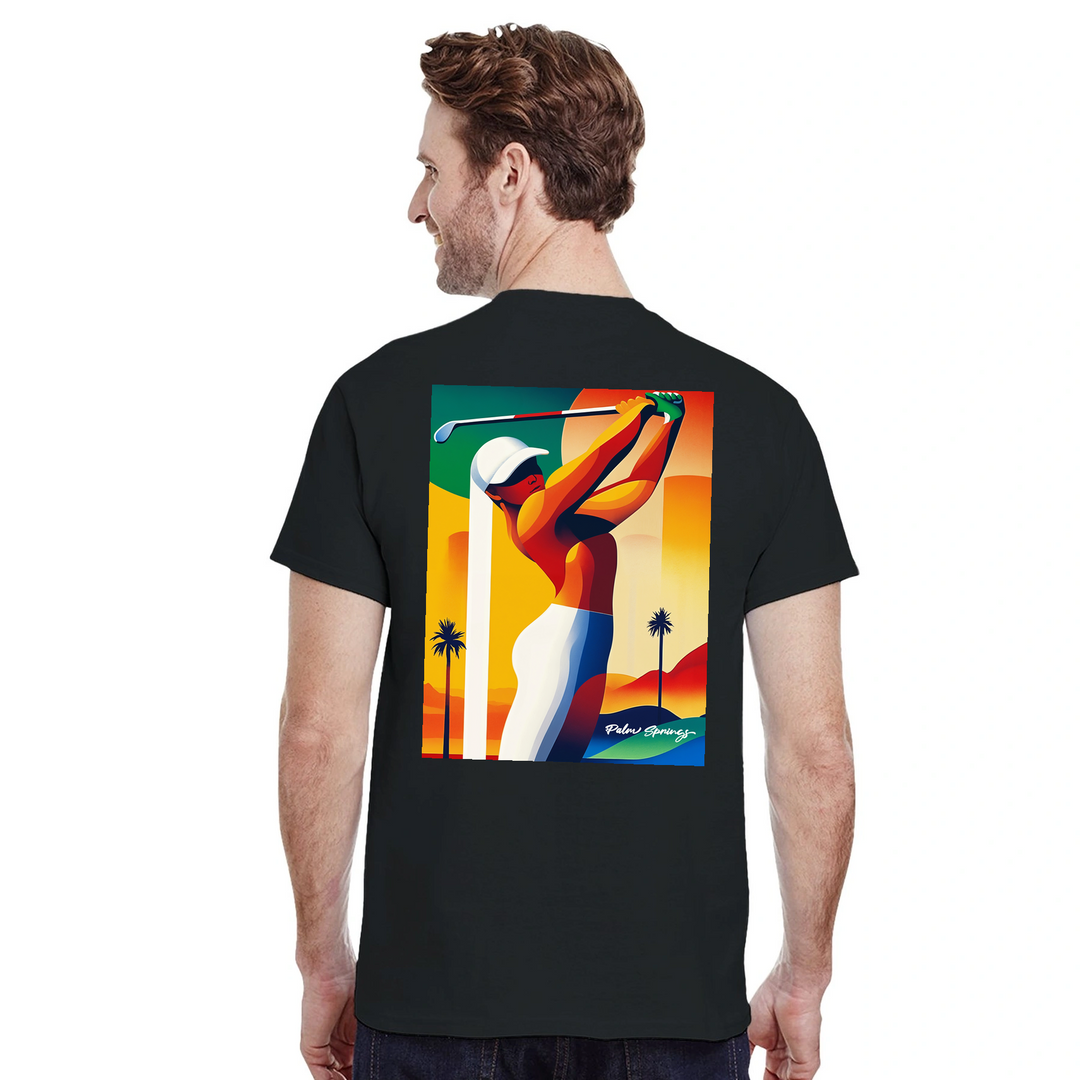 パームスプリングスゴルフTシャツは、明るいデザインが特徴で、ゴルフ場でも普段使いでも活躍する一枚です。サイズはSからXXLまで揃っています。