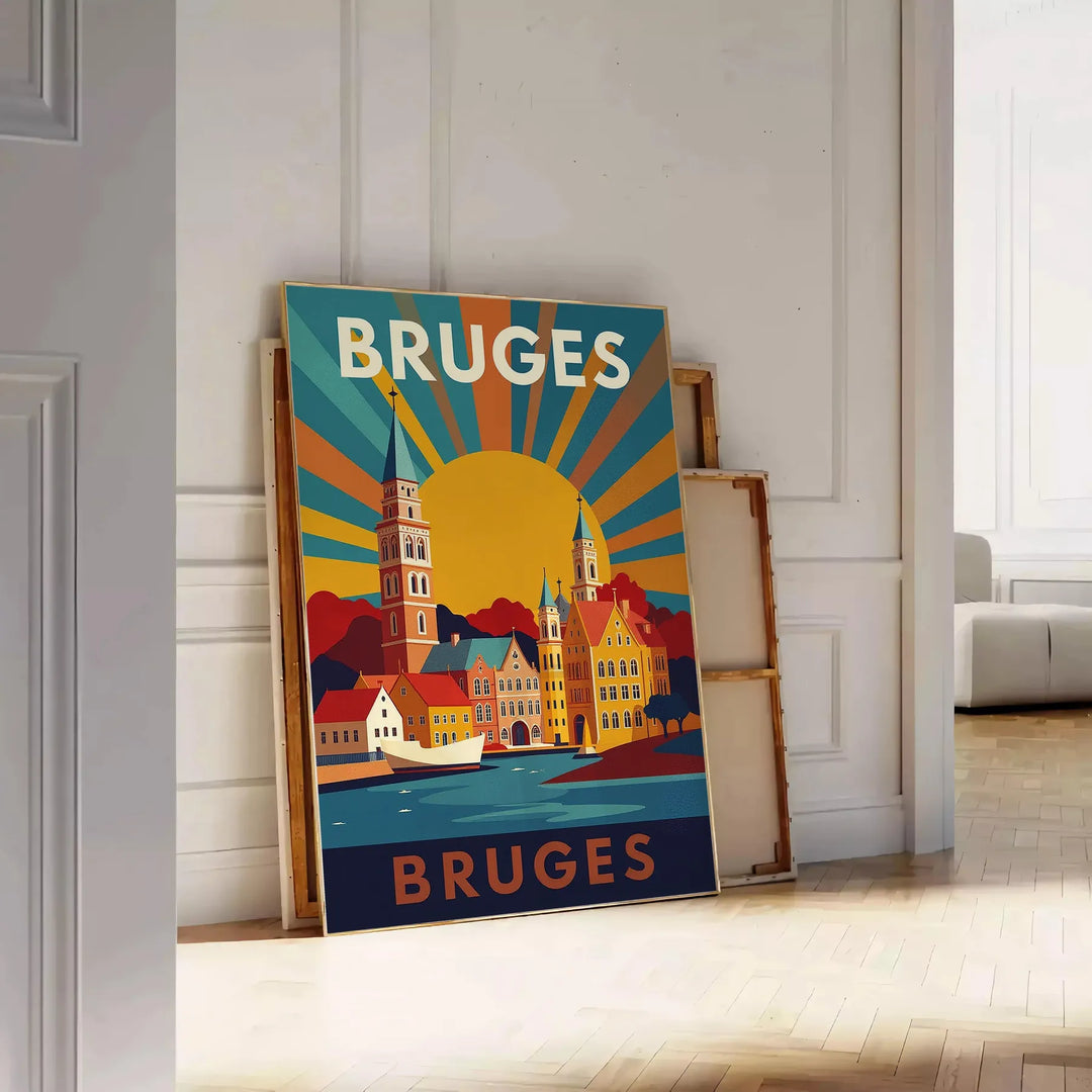 Poster vintage Art Déco di Bruges con veduta cittadina gialla e verde