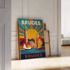 Poster vintage Art Déco di Bruges con veduta cittadina gialla e verde