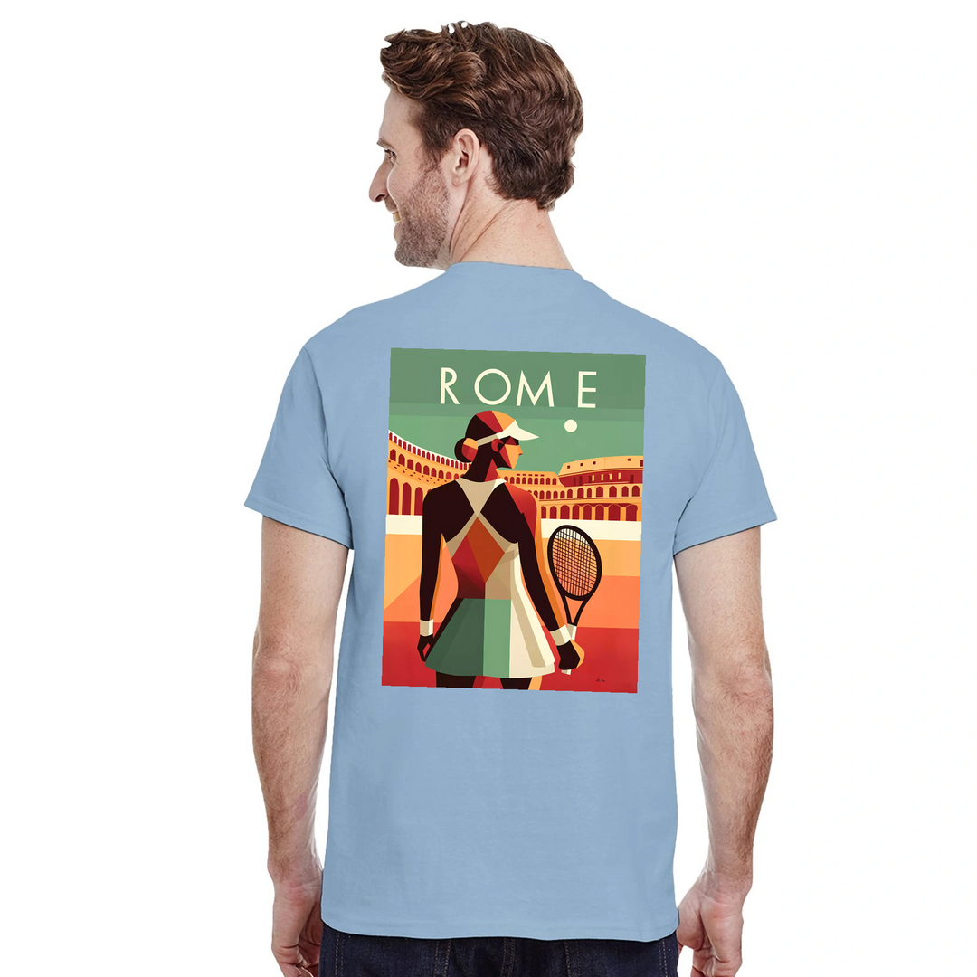 情熱的なファンとスタイリッシュなアスリートのためにデザインされたローマテニスTシャツ。コート内外での着用に最適な鮮やかなテニスグラフィックが特徴。柔らかく通気性のあるコットン素材で快適さを提供します。