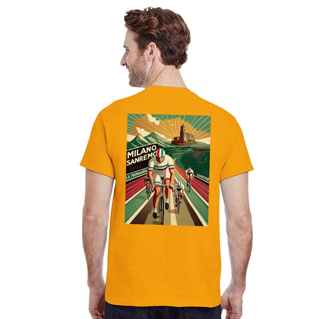 Koszulka Milano Sanremo z unikalnym wzorem, idealna dla miłośników kolarstwa. Dostępna w rozmiarach S, M, L, XL