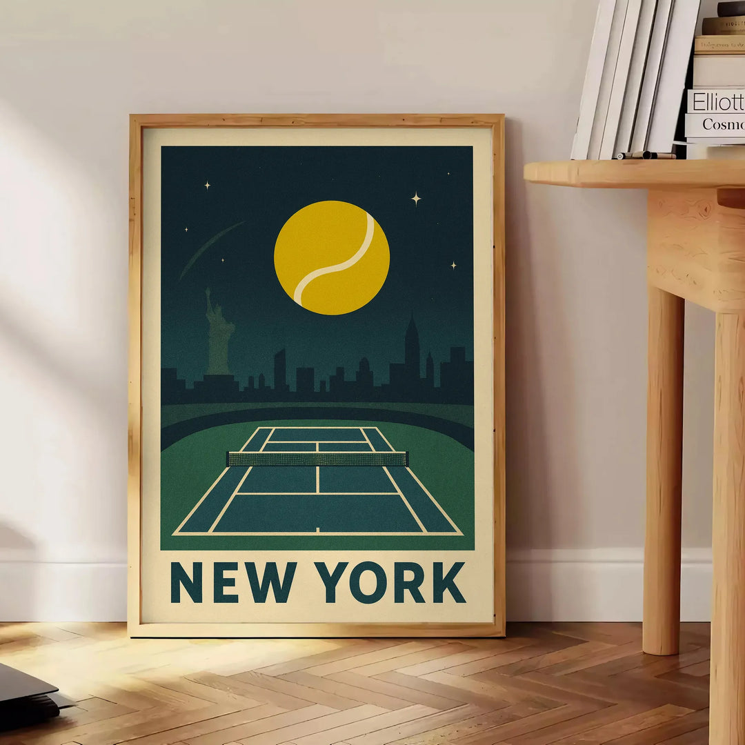 ニューヨークの夜にテニスをテーマにしたポスター。グレーとグリーンのダイナミックなデザインで、都市の洗練さを演出します。