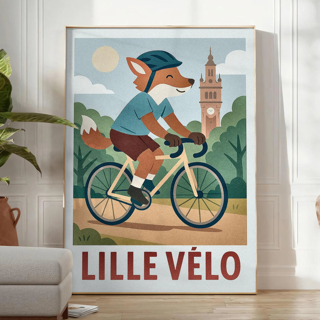 Πόστερ με θέμα τον ποδηλάτη αλεπού Lille, ιδανικό για παιδικά δωμάτια, σε ήρεμες μπλε και γκρίζες αποχρώσεις, που προσθέτει π