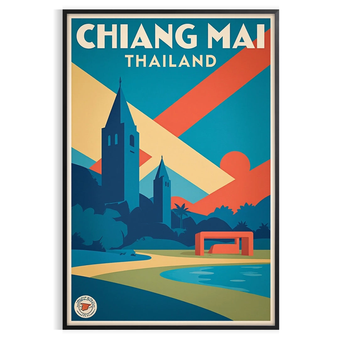 charm Chiang Mai Thailand vintage travel art deco poster blue green hues touch adventure space stunning piece measures cm beautiful today A4 A0