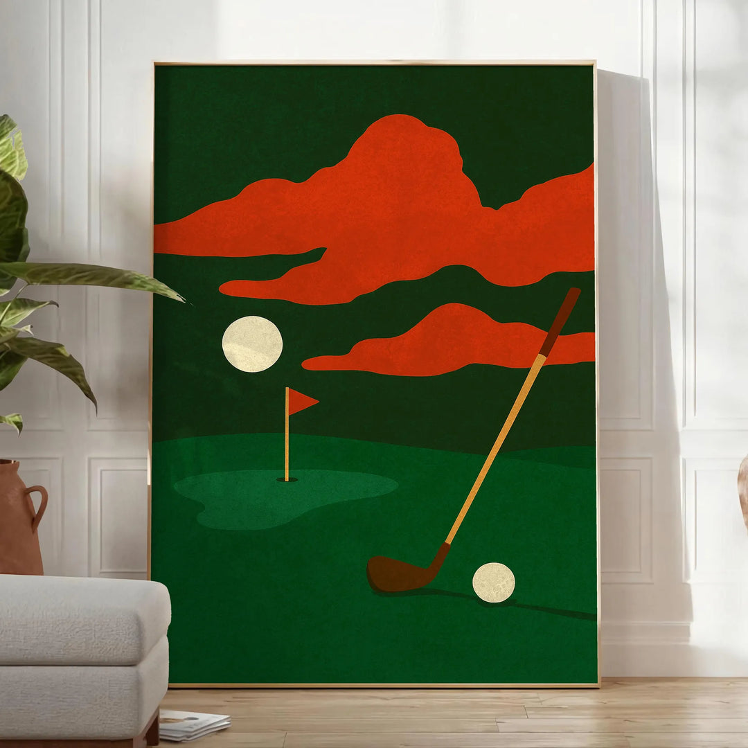 Golfposter med nattmotiv i grön och röd, perfekt som inredning eller present till golfälskare. Finns i storlekarna 30x40 cm o