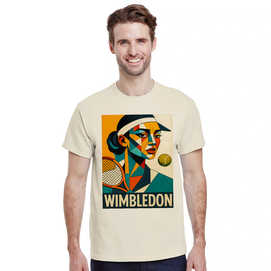 T-shirt Cubista Wimbledon, ideal para amantes do ténis, em algodão macio e respirável, combina arte e desporto