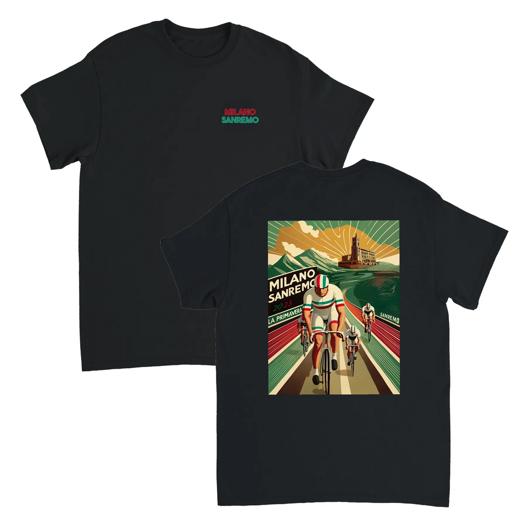 Koszulka Milano Sanremo z unikalnym wzorem, idealna dla miłośników kolarstwa. Dostępna w rozmiarach S, M, L, XL