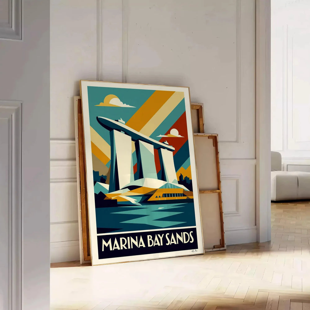 charm vintage travel stunning Marina Bay Sands poster vibrant orange blue tones captivating Art Deco style exquisite piece space Singapore iconic skyline dimensions A4 cm A0